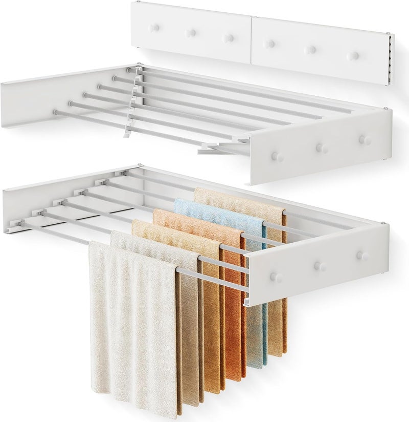 LIENAHU Upgrade Drying Rack Clothing,Clothes Drying Rack Wall Mounted,Laundry Drying Rack Wall Mount,Foldable,Collapsible,Retractable,6 Aluminium Poles,with Hooks,(White 35.5" - Image 1